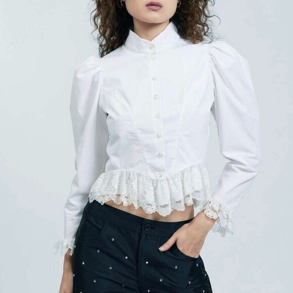 Batsheva Grace Blouse Womens 8 White Button Ruffle Lace Puff Sleeves Romantic - Picture 1 of 16